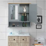 2 Mirror Door 1 Storage Layer MDF Spray Paint Bathroom Wall Cabinet Gray By shamzeco limmited