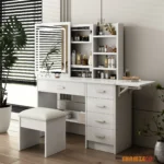 Fashion Vanity Desk with Mirror and Lights for Makeup with open shelves and Chair, Vanity Mirror with Lights and Table Set with 3 Color Lighting Brightness Adjustable, 5 Drawers, White Color