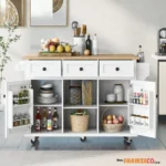 Kitchen Cart with Rubber wood Drop-Leaf Countertop ,Cabinet door internal storage racks,Kitchen Island on 5 Wheels with Storage Cabinet and 3 Drawers for Dinning Room,White