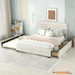 Queen Upholstered Platform Bed with Twin Size Trundle and Two Drawers, Beige By shamzeco limited