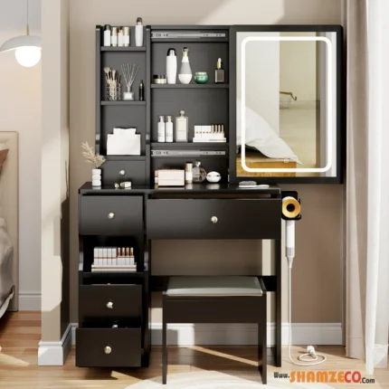 Compact Vanity Table with Stool, LED Mirror, Power Outlets & Hair Dryer Holder" from shamzeco limited