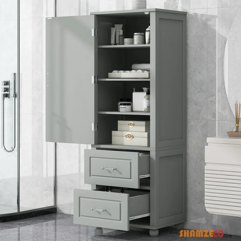Tall Bathroom Storage Cabinet, Freestanding Storage Cabinet with Two Drawers and Adjustable Shelf, MDF Board with Painted Finish, Grey